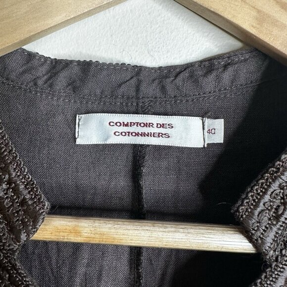 Comptoir Des Cotonniers Brown Linen Tunic Dress EU 40 US 8 Embroidered Boho - Picture 3 of 13